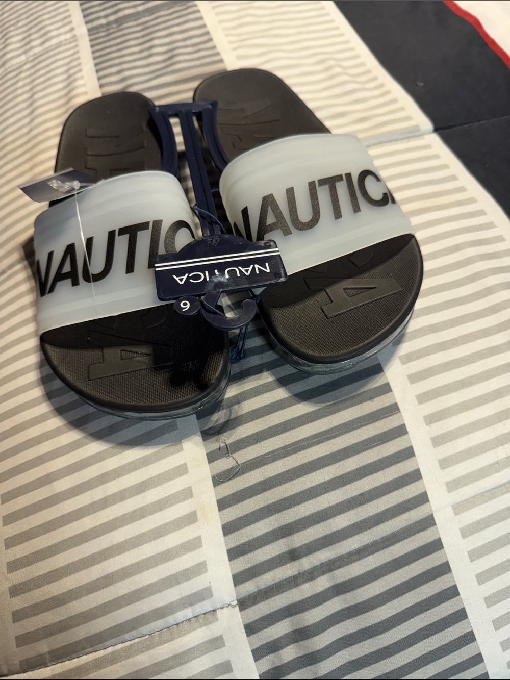 Nautica Black Footbed with Frosted White Logo Slide Sandals
